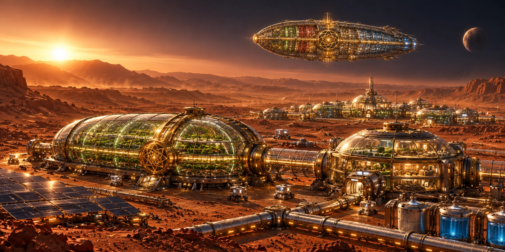 Wizja Arki nad skalistą planetą: roboty przygotowują modułowe siedliska, uprawy znajdują się wewnątrz zamkniętych szklarni